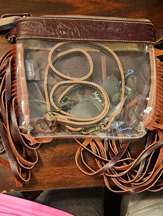 Myra Bag Handbags - Myra Bag Clear Crossbody with Brown Leather Trim and Fringe Accents